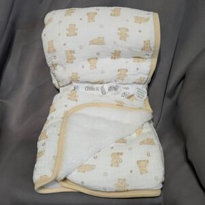 Little Me Teddy Bear Star Baby Blanket Cotton Muslin Soft Sherpa Cream Tan NEW